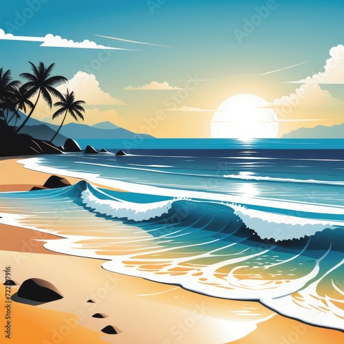 Illustration of tropical beach with palms  sea and blue sky. Generative AI