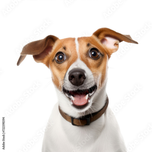 A dog with a surprised expression on its face. Jack russell terrier showing surprise or shock. Funny surprised dog isolated on white background.