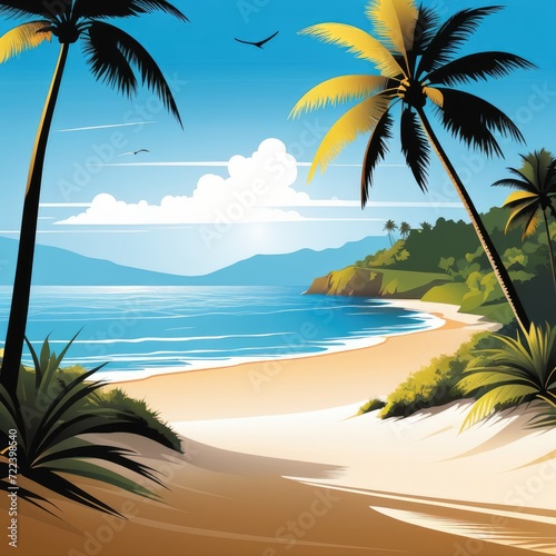 Illustration of tropical beach with palms  sea and blue sky. Generative AI