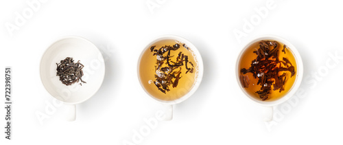 Tea Brewing Process in White Cup Isolated, Stages of Brewing Black Tea, Brew Ceremony, White Background