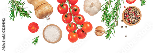 cooking background, with spices, herbs and vegetables isolated on white background. Long banner format photo