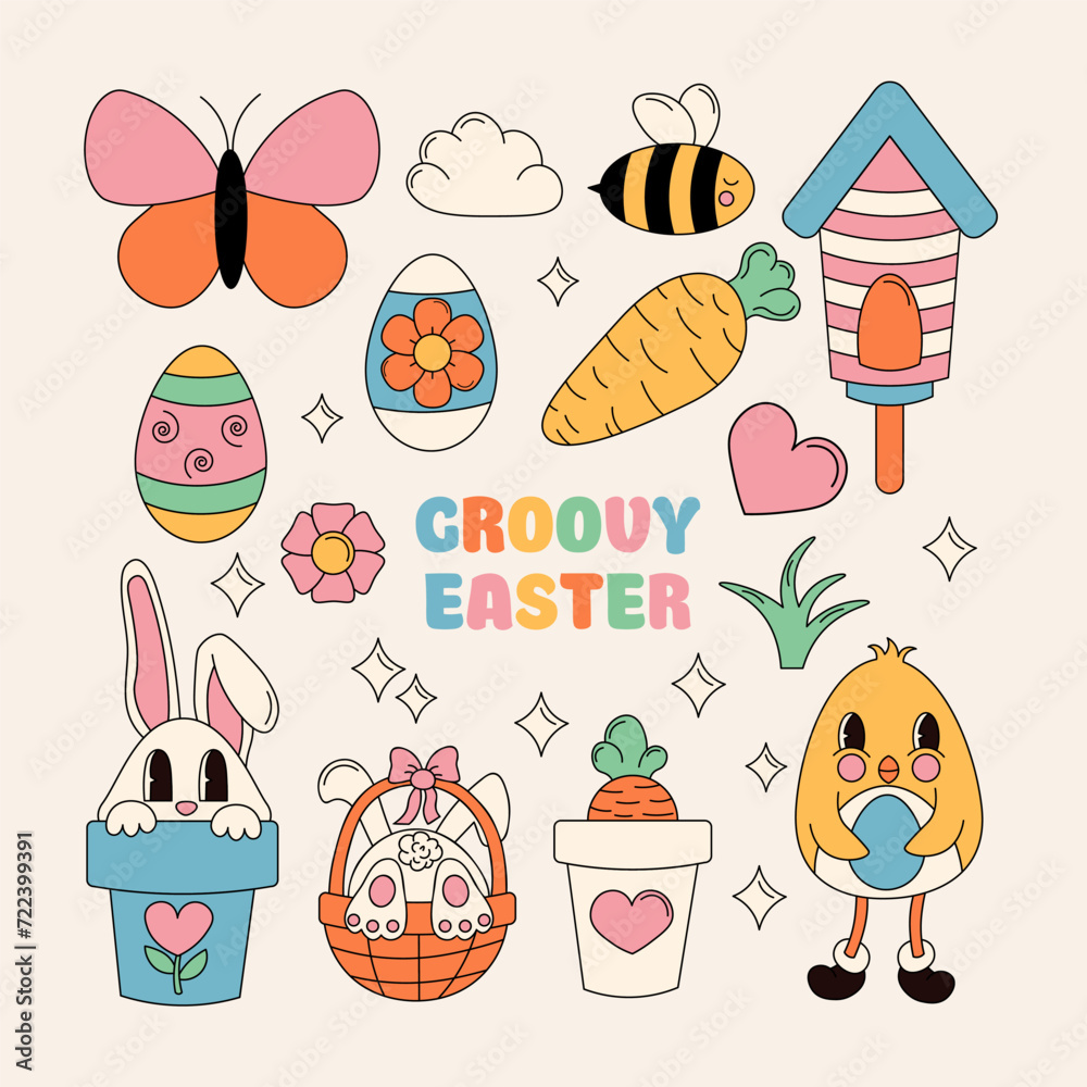 Fototapeta premium Groovy Happy Easter set. Easter bunny, eggs, butterfly, chicken, bee, flower. Set of cartoon characters and elements in trendy retro 60s 70s cartoon style. Flat vector hand drawn illustration.
