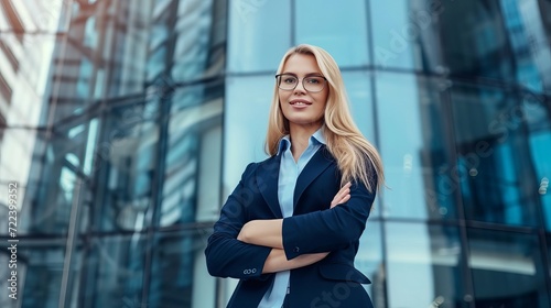Beautiful young business woman portrait outdoors with blurred business center background