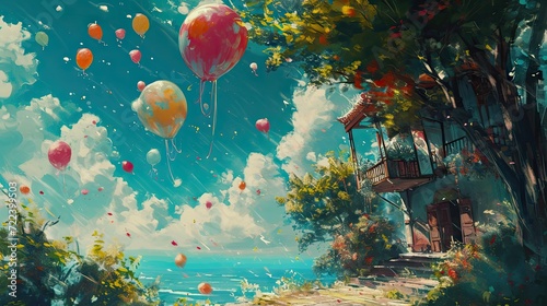 Beautiful seascape with palm trees, hot air balloons and house on a sunny day © Олег Фадеев