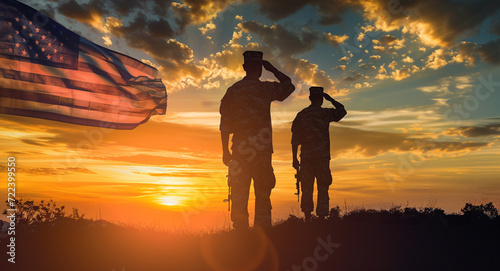 USA army soldiers saluting on a background of sunset or sunrise and USA flag. Greeting card for Veterans Day, Memorial Day, Independence Day. America celebration © © Raymond Orton