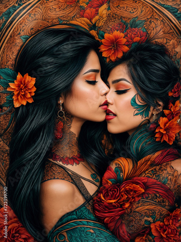 Chicano style tattoo design depicting two women kissing