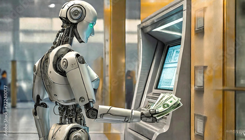 AI robot withdrawing money from an ATM. 