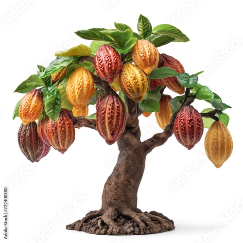 Cocoa fruits hanging on the branches of the cocoa tree isolated on white background