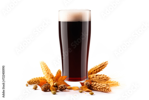 Beer in mug with wheat ears spikelets on white background. Mugs with drink like Ipa, Pale Ale, Pilsner, Porter or Stout