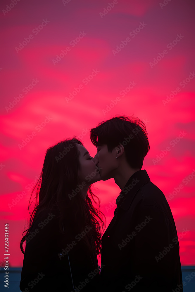 Romantic Sunset Kiss: Silhouetted Couple Embracing in Love