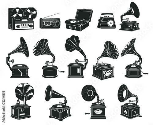 Retro music players silhouettes. Old school audio devices, black ink retro music record audio players flat vector illustrations set. Vintage gramophone silhouette collection