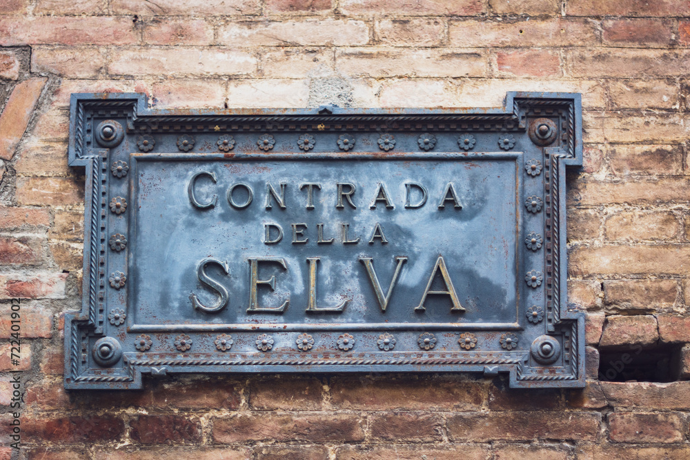 Ornament of the Contrada della Selva on building's wall in Siena, Italy