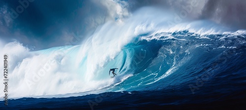 Fearless surfer conquers colossal blue wave, epitomizing extreme sport and active lifestyle.