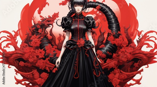 black dress anime girl with red fantasy dragon