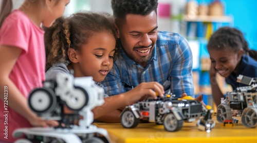 Elementary school coding: Teacher demonstrates mechanical robot programming to young students