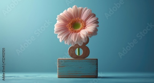 an old wooden block and flower with hand drawn number 8 on a blue background