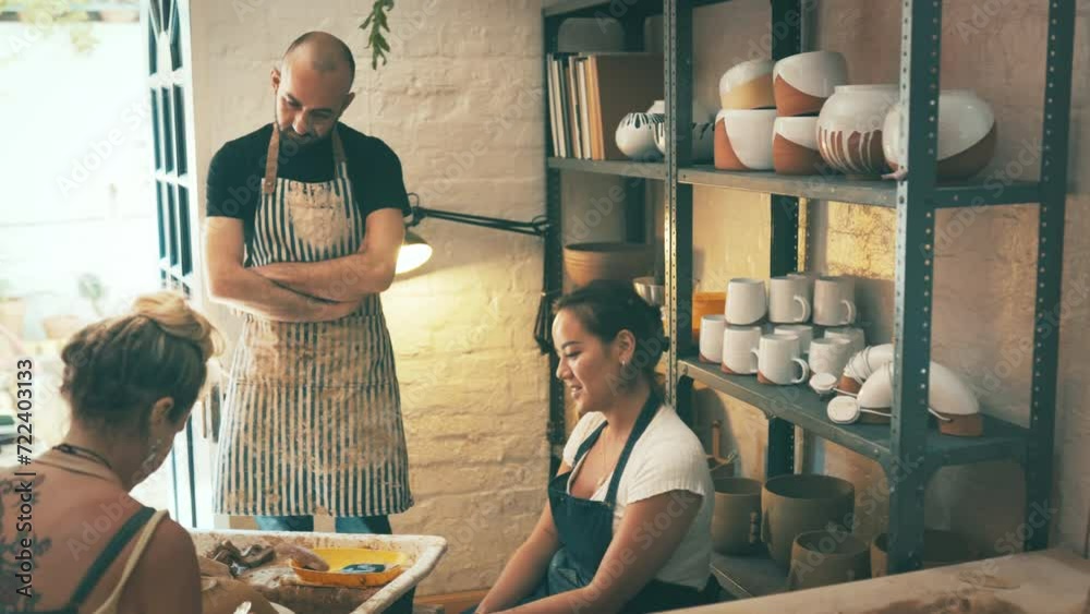 Workshop teacher, pottery mold and people teamwork on ceramic design, art creation or handmade sculpture. Craftsmanship, learning and group handcraft clay, creative skills or mud for arts and crafts