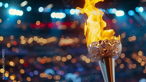 Fiery olympic torch against blurred sports arena, with text space for creative messaging