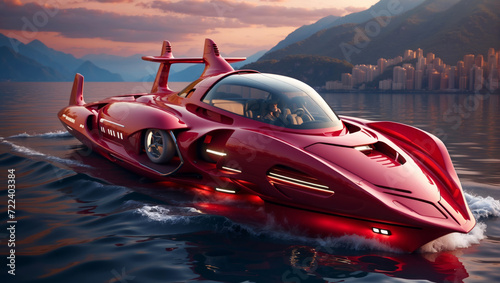 A red speedboat on the coast photo