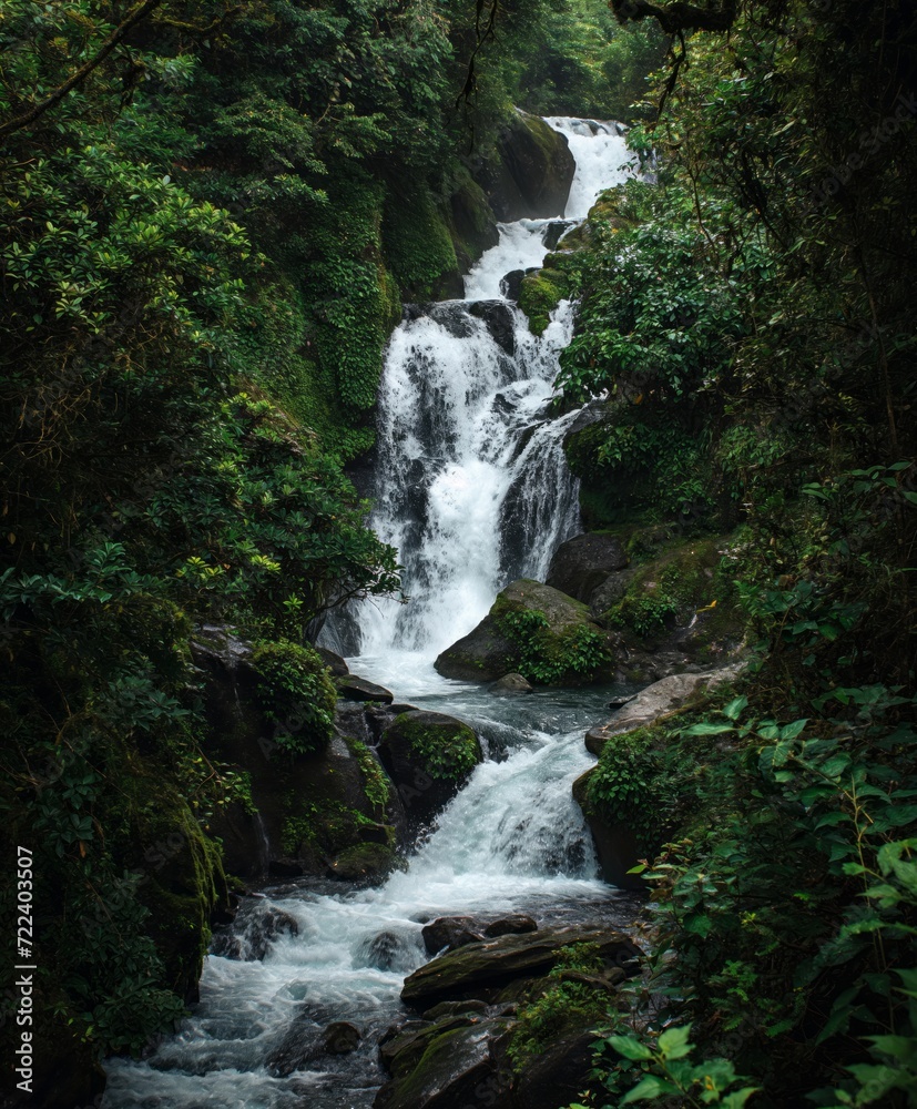 a waterfall surrounded by tree leaves and moss a waterfall surrounded by tree leaves and moss