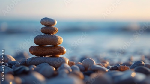 The concept of balance. A perfectly balanced arrangement of natural sea stones in a composition outdoors in nature.