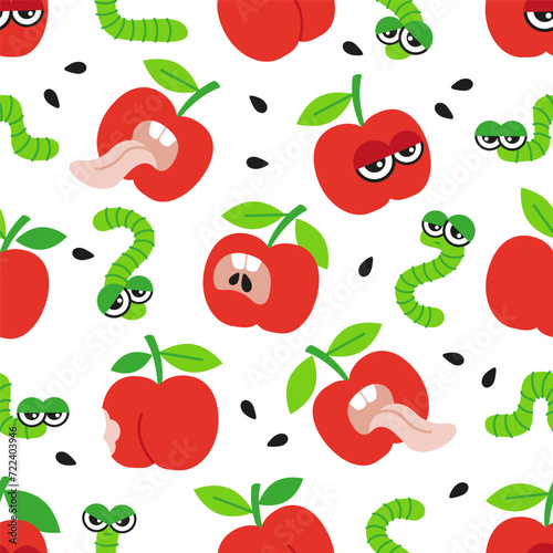 Vector hand drawn seamless pattern. Red crazy apples and caterpillar on white background