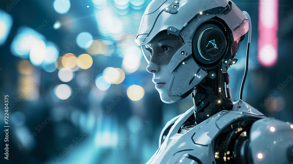 Fototapeta premium side view humanoid female robot with bokeh background - AI Generated
