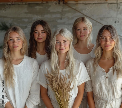 five women in white teeshirts with a potted plant, in the style of danish design photo