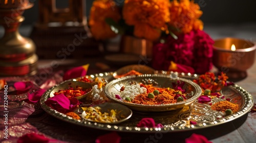 Immerse yourself in the artistry of an Aarti thali decoration with vermillion  presenting a super realistic image