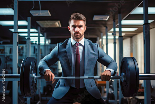 a businessman in a suit lifts a barbell