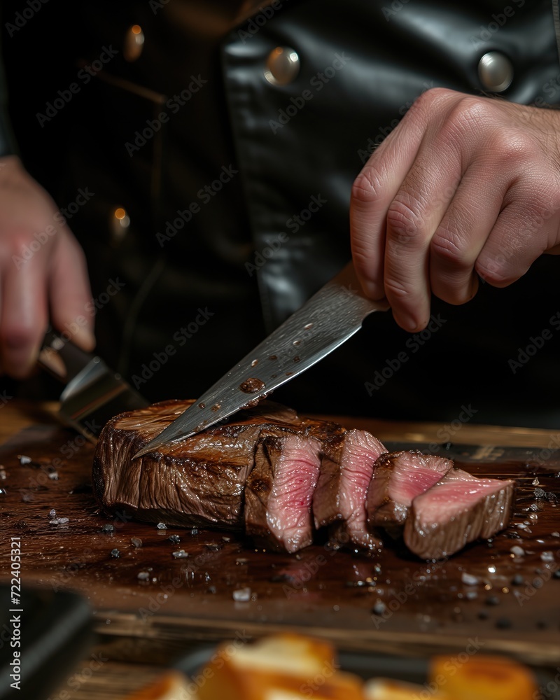 Сhef's hands slicing freshly cooked juicy medium rare steak. In the background is a leather tunic. Commercial food photography for restaurant. Dark background