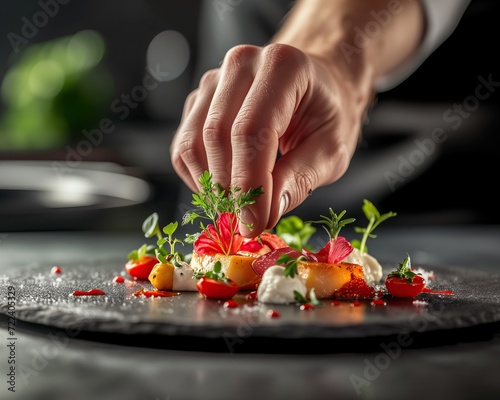A chef's hand decorates a finished haute cuisine dish with tweezers. Exquisitely cooked fish. Restaurant and tunic in the background. Commercial food photography for a restaurant.