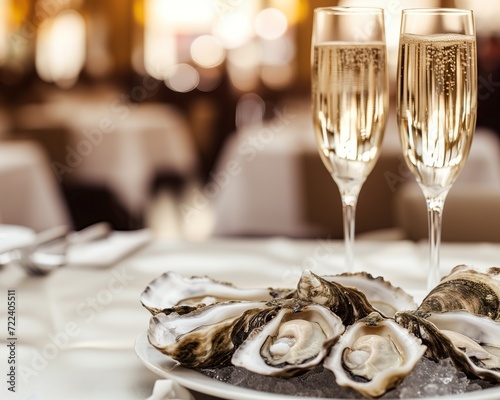 Fototapeta Naklejka Na Ścianę i Meble -  Exquisitely served oysters and champagne in restaurant. A date for two people. Commercial food photography.