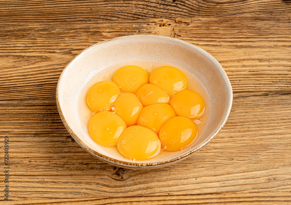 Egg Yolks in Bowl, Fresh Chicken Egg Yolk Separated from Whites for Cooking Recipe, Organic Yolks Top View