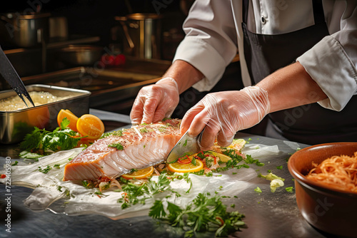 chefs hands preparing a delicious fish fillet dish