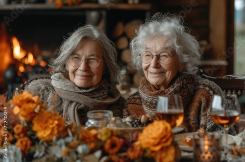 group of women enjoying home in front of the fireplace, in the style of light violet and orange, tabletop photography, grandparentcore