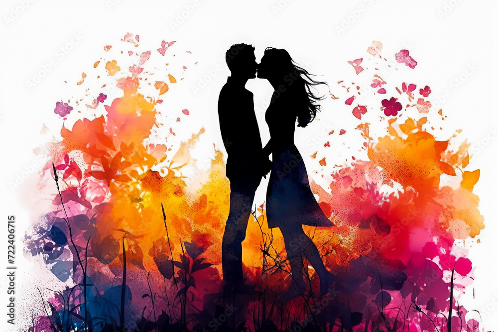 watercolor illustration, capturing a couple in a romantic date against a bright background. watercolor illustration, capturing a couple in a romantic date against a bright background.