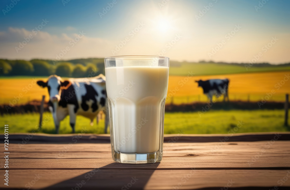 Milk in a glass and a jug on a wooden table in the field. against the backdrop of black and white cows grazing in a field. Milk in a glass and a jug on a wooden table in the field. against the backdrop of black and white cows grazing in a field.