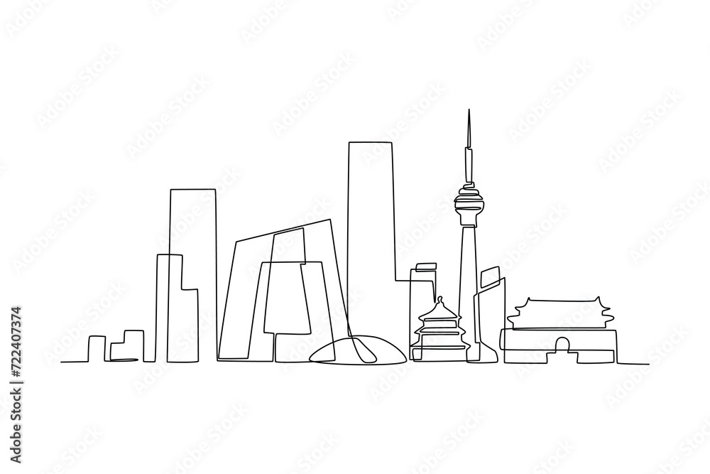 Single continuous line drawing of Beijing city skyline, China. Famous city scraper and landscape. World travel concept home decor wall art poster print. Modern one line draw design vector illustration