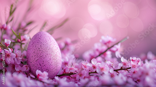 Spirit of spring and Easter with a charming linked Easter egg surrounded by delicate pink flowers against a soft pink bokeh background