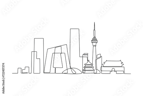 Single continuous line drawing of Beijing city skyline, China. Famous city scraper and landscape. World travel concept home decor wall art poster print. Modern one line draw design vector illustration