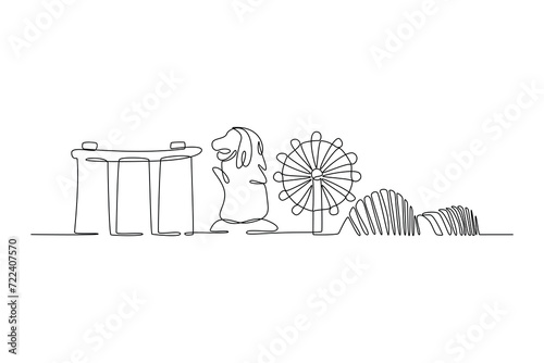 One continuous line drawing of Singapore city skyline. Beautiful landmark. World landscape tourism and travel vacation poster print. Editable stylish stroke single line draw design vector illustration