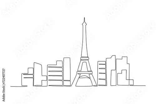 One continuous line drawing Paris city skyline, France. Beautiful skyscraper. World landscape tourism travel vacation wall decor poster art concept. Stylish single line draw design vector illustration photo