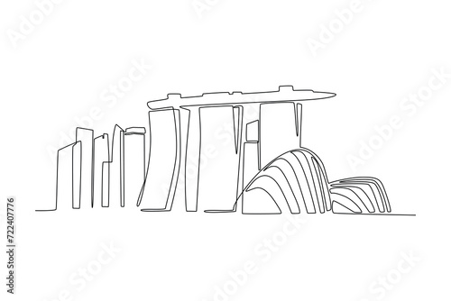 One continuous line drawing of Singapore city skyline. Beautiful landmark. World landscape tourism and travel vacation poster print. Editable stylish stroke single line draw design vector illustration