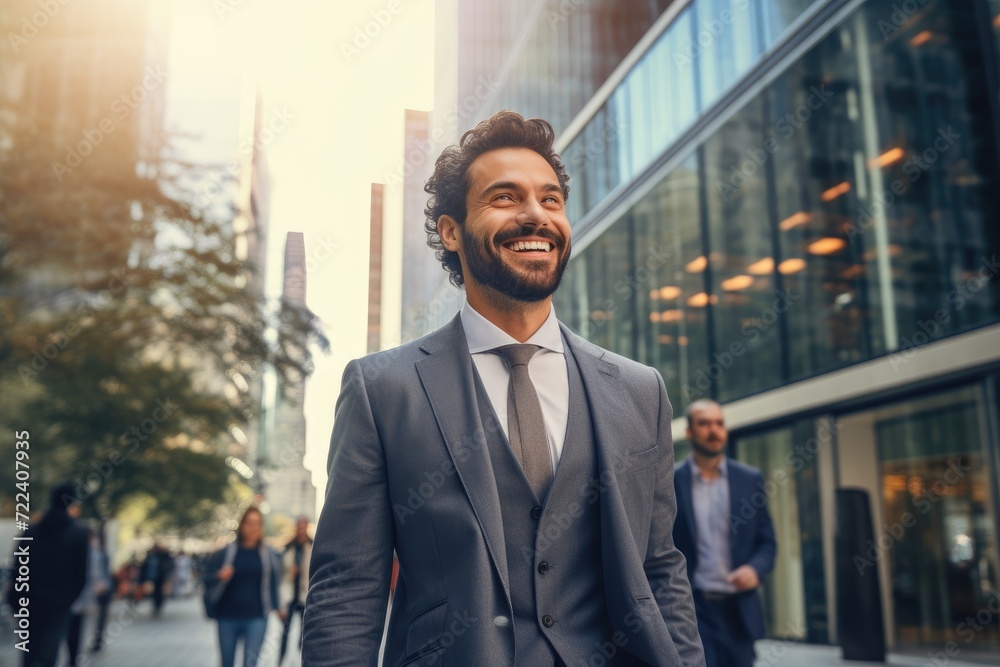 Portrait of a young businessman happy smile standing in a city street. Portrait of a young businessman happy smile standing in a city street.