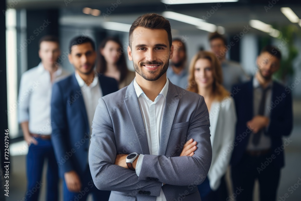 Portrait of people, businessman smiling happily and team in the background inside modern office. Portrait of people, businessman smiling happily and team in the background inside modern office.