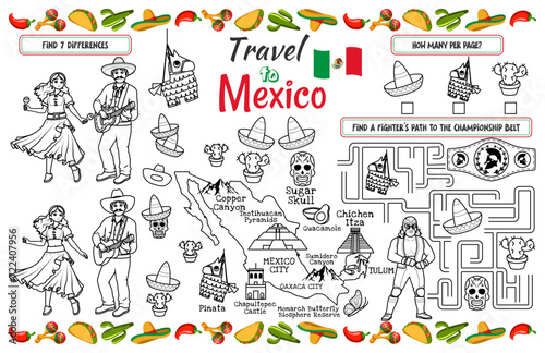 A holiday placemat for kids. Print out the “Travel to Mexico” sheet with a labyrinth, find the differences, and find the same ones. 17x11 inch printable vector file