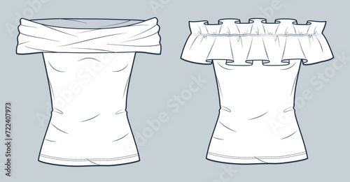Off Shoulder Top technical fashion illustration. Ruffle Shirt fashion flat technical drawing template, slim fit, front view, white, women Top CAD mockup set.