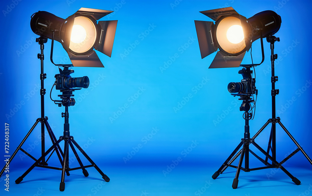 Studio Equipment with Tripod and Spotlight, Professional Camera Technology, Photography Background, Creative Lamp, Modern Video Film Flash, Interior Broadcast, Digital Work Space Concept