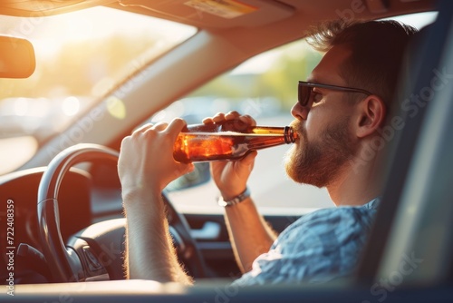 A young driver is driving and drinking beer in a bottle. Alcohol and driving. Traffic violations and fines